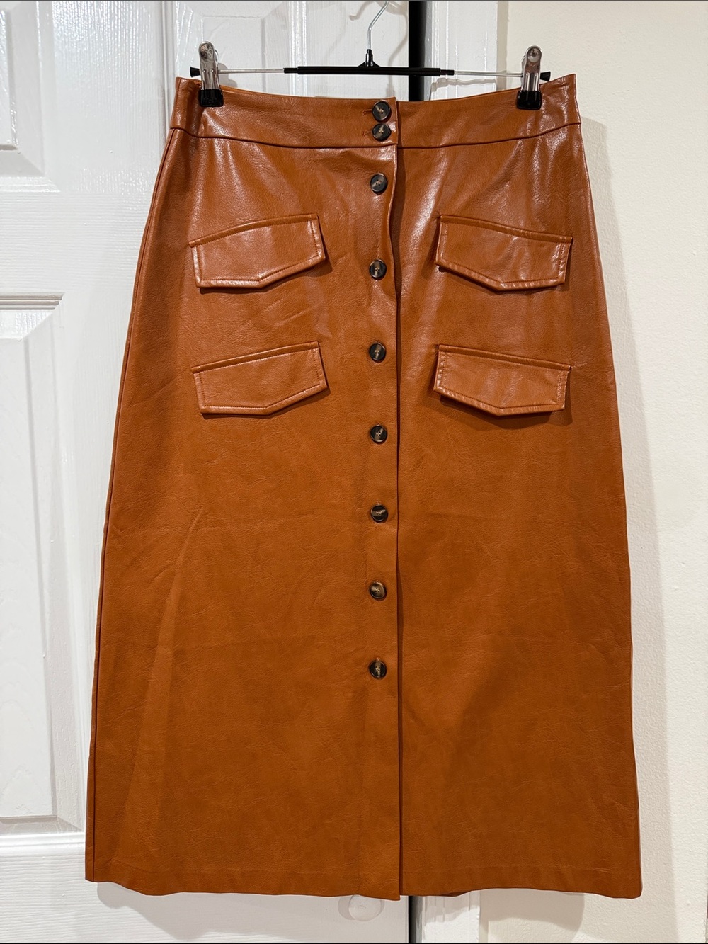 Anthropologie Cognac Button-Front Faux Leather Midi Skirt